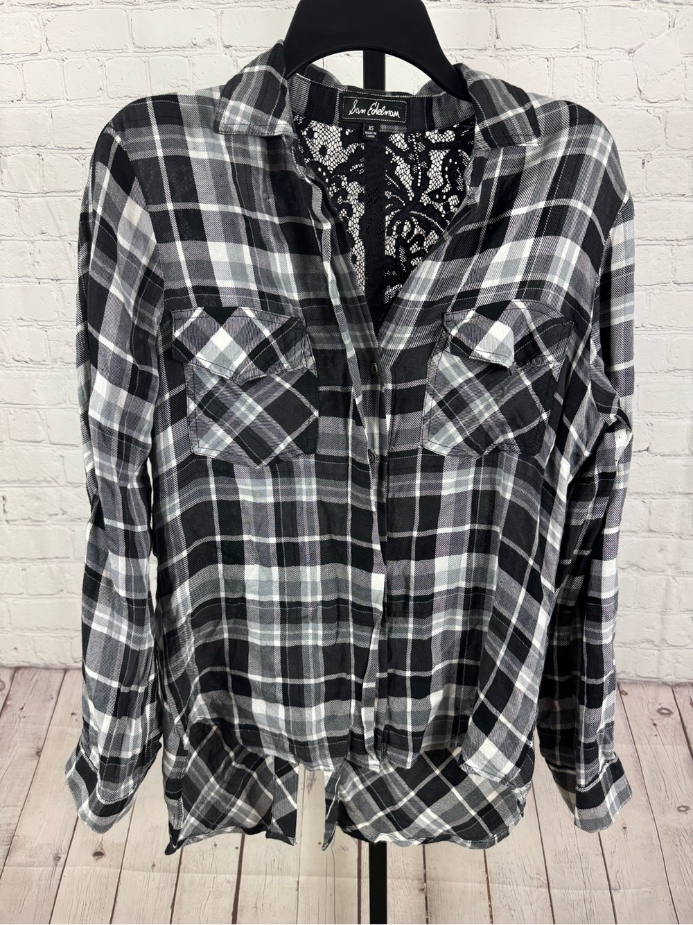 Sam Edelman Riley Plaid Button Down Shirt Lace Back Black White Gray XS